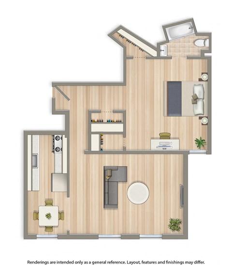 klingle one bedroom apartment floor plan rendering
